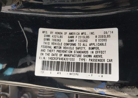 2014 Honda Accord Ex-L from USA, damaged, VIN 1HGCR2F84EA301000